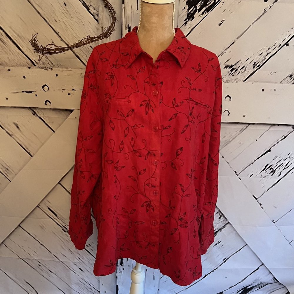 Red Embroidered Long Sleeve Shirt, 20W
